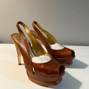 bebe Tan Peep-Toe Slingback Heels